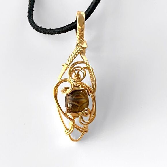 Wire Wrapped Scarab Bead Pendant Necklace - Picture 3 of 7